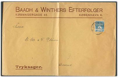 4 øre Bølgelinie med perfin “B.W.E.” på firmakuvert fra Baadh & Winthers Efterfølger sendt som tryksag fra Kjøbenhavn d. 7.2.1913 til Assens.