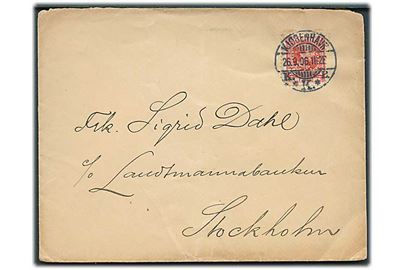 10 øre Chr. IX med perfin “C.J.” (Chr. Juncher A/S) på brev fra Kjøbenhavn d. 26.9.1906 til Stockholm, Sverige.