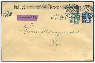 5 øre og 20 øre Bølgelinie med perfin “G.K.” på værdibrev fra Gjentofte Kommune stemplet Charlottenlund d. 26.3.1913 til Ry. Rammestempel “Talt” og på bagsiden 2 laksegl fra Charlottenlund Postkontor.