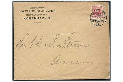 10 øre Fr. VIII med perfin “”K.G.” på firmakuvert fra A/S Kastrup Glasværk i København d. 1.10.1910 til Assens.