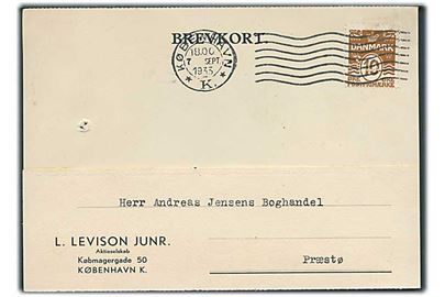 10 øre Bølgelinie med perfin “LL” på brevkort fra firma L.Levison Junr. i København d. 7.9.1933 til Præstø. Nålehul.