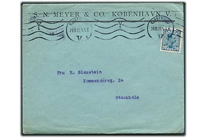 20 øre Chr. X med perfin “M&Co” på firmakuvert fra S.N.Meyer & Co. i Kjøbenhavn d. 24.11.1920 til Stockholm, Sverige.