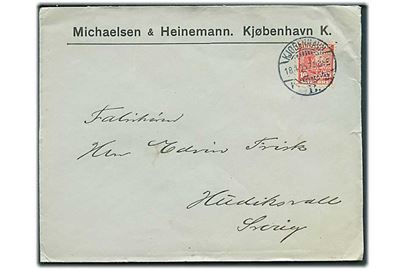 10 øre Chr. IX med perfin “M&H” på firmakuvert fra Michaelsen & Heinemann i Kjøbenhavn d. 18.4.1905 til Hudriksvall, Sverige.