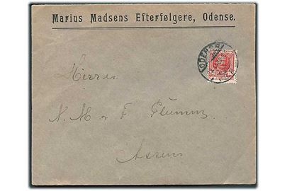 10 øre Fr. VIII med perfin “M.M.E.” på firmakuvert fra Marius Madsens Efterfølgere i Odense d. 12.9.1908 til Assens.