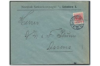 10 øre Fr. VIII med perfin “N.S.” på firmakuvert fra Nordisk Sækkekompagni A/S i Kjøbenhavn d. 12.1.1912 til Assens.