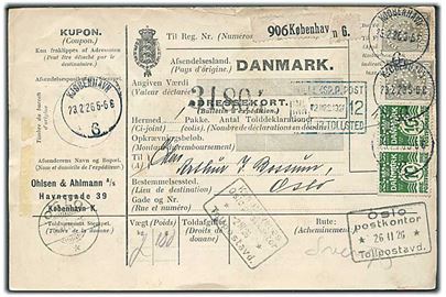 10 øre Bølgelinie (2) og 50 øre Chr. X (2) med perfin “O&A” på internationalt adressekort for pakke fra firma Ohlsen & Ahlmann A/S i Kjøbenhavn d. 23.2.1926 til Oslo, Norge.
