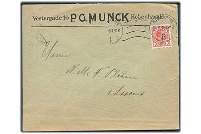 10 øre Chr. X med perfin “PGM” på firmakuvert fra P.G.Munck i Kjøbenhavn d. 31.3.1915 til Assens.