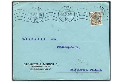 20 øre Chr. X med perfin “S.&M.” på firmakuvert fra Strøyer & Mørck A/S i København d. 3.3.1924 til Helsingfors, Finland.