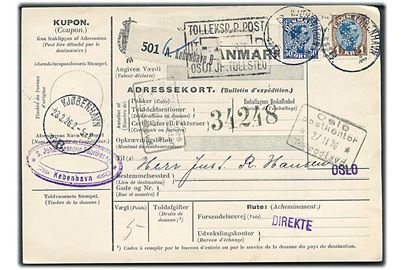 30 øre og 1 kr. Chr. X med perfin “SXJ” på internationalt adressekort for pakke fra firma S. Johannesons Fabriker A/S i Kjøbenhavn d. 28.2.1926 til Oslo, Norge.