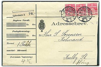 10 øre Bølgelinie (3) på adressebrev for pakke fra Kjøbenhavn d. 24.2.1913 til Kulby pr. Høng.