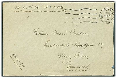 Ufrankeret OAS feltpostbrev stemplet Army Post Office 432 (= Hamburg) d. 3.10.1946 til Stege, Danmark. Fra dansk kvindelig censor ved No. 3 District Censorship Station BAOR.