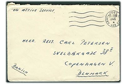 Ufrankeret OAS feltpostbrev stemplet Army Post Office 432 (= Hamburg) d. 17.2.1946 til København. Fra dansk censor ved Danish Military Unit, No. 3 District Censorship Station BAOR.