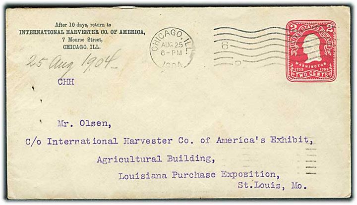 2 cents Washington helsagskuvert fra Chicago d. 25.8.1904 til St. Louis udstillingen. Ank.stemplet St. Louis / Exposition Station.