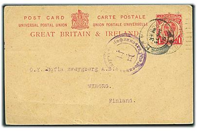 1d George V helsagsbrevkort fra Hawick d. 20.3.1915 til Wiborg, Finland. Russisk censur fra Helsingfors.