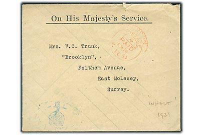 Ufrankeret OHMS kuvert stemplet London Postage Paid d. 15.2.1921 til East Molesey.