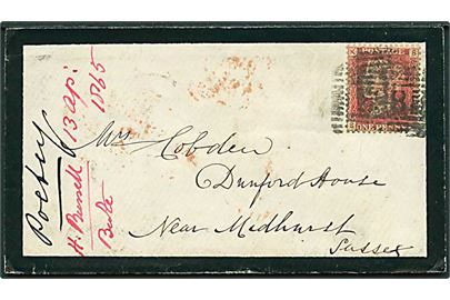 1d Victoria på sørgekuvert annulleret med nr.stempel 298 fra Rothesay d. 14.4.1865 via London til Midhurst, Sussex.