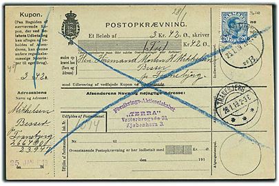 20 øre Chr. X på retur Postopkrævning fra Kjøbenhavn d. 25.1.1919 til Besser pr. Tranebjerg og retur fra Tranebjerg som Indløsning nægtet.