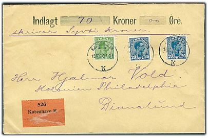 5 øre og 20 øre (2) Chr. X på værdibrev fra Kjøbenhavn d. 15.10.1920 til Kolonien Philadelphia, Dianalund.