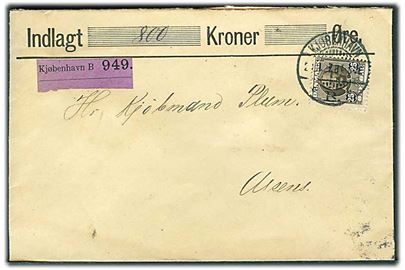 25 øre Fr. VIII single på værdibrev fra Kjøbenhavn d. 20.11.1907 til Assens.