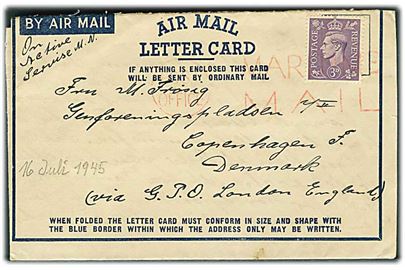 Britisk 3d George VI på Air Mail Letter Card annulleret med rødt skibsstempel Post Office / Maritime Mail til København, Danmark. Fra dansk sømand ombord på S/S Thyra S dateret d. 17.6.1945. Thyra S sejlede i allieret tjeneste.