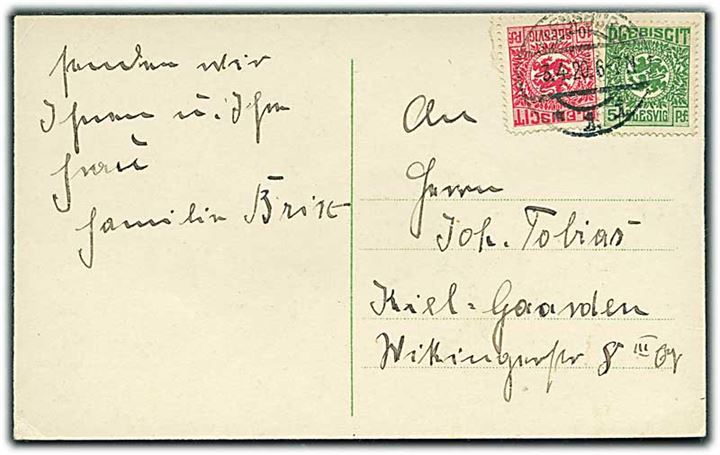 5 pfg. og 10 pfg. Fælles udg. på brevkort fra Flensburg d. 3.4.1920 til Kiel.