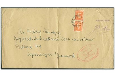 2d George VI i parstykke på feltpostbrev stemplet Field Post Office d. 19.3.1951 til Boyscout International Commissioner i København, Danmark. Ovalt stempel Control Commission for Germany / British Element / Communications Centre Düsseldorf d. 16.3.1951.