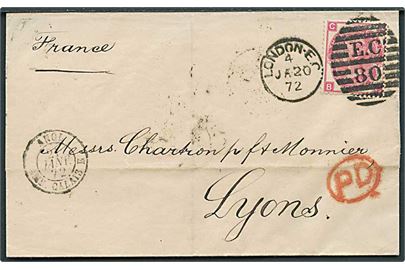 3d Victoria plate 7 single på brev annulleret med duplex London EC/E.C.80 d. 20.1.1872 via Paris til Lyon, Frankrig.