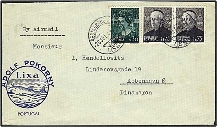 3,80$ på luftpost brev fra Lisabon, Portugal d. 28.9.1949 til København.