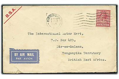 6d George VI på luftpostbrev fra Birmingham d. 6.4.1935 til Dar-es-Salam, Tanganyika Territory, British East Africa. 