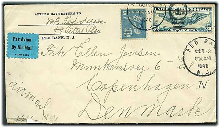 5 cents Monroe og 30 cents Winged Globe på luftpostbrev fra Red Bank d. 23.10.1940 til København, Danmark. Åbnet af tysk censur.