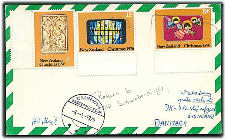New Zealand Jule udg. på luftpost brevkort fra Wellington 1979 til Sdr. Strømfjord, Grønland. 