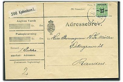 27/8 øre Provisorium single på adressekort for pakke fra Kjøbenhavn d. 20.10.1918 til Randers. Overfrankeret.