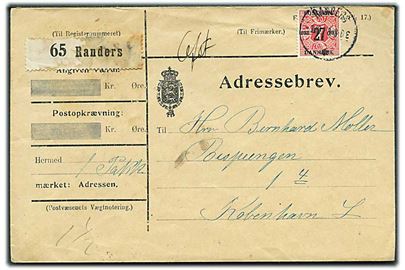 27/7 øre Provisorium single på adressebrev for pakke fra Randers d. 1.10.1918 til København. Overfrankeret og påskrevet Afs. Fr..