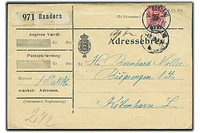 27/7 øre Provisorium single på adressebrev for pakke fra Randers d. 4.11.1918 til København. Overfrankeret og påskrevet Afs. Fr..