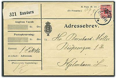 27/7 øre Provisorium single på adressebrev for pakke fra Randers d. 22.8.1918 til København. Overfrankeret og påskrevet Afs. Fr..