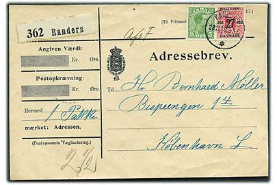 5 øre Chr. og 27/7 øre Provisorium single på adressebrev for pakke fra Randers d. 28.11.1918 til København. Overfrankeret og påskrevet Afs. Fr..