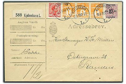 1 øre Bølgelinie (3), 10 øre Chr. X og 27/10 øre Provisorium på adressebrev for pakke fra Kjøbenhavn d. 16.3.1919 til Randers.