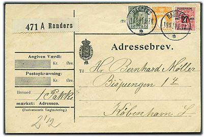 1 øre Bølgelinie 12 øre Chr. X og 27/7 øre Provisorium på adressebrev for pakke fra Randers d. 19.6.1919 til København.