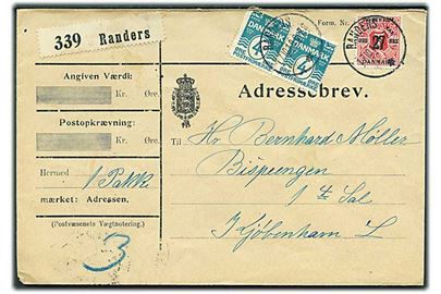 4 øre Bølgelinie i parstykke og 27/7 øre Provisorium på adressebrev for pakke fra Randers d. 17.10.1918 til København.