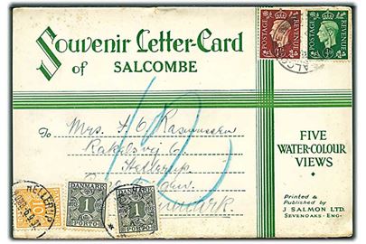 Engelsk ½d og 1½d George VI på underfrankeret Souvenir Letter-Card fra Salcombe d. x.9.1937 til København, Danmark. Udtakseret i porto med 1 øre (2) og 10 øre Portomærke stemplet Hellerup d. 6.9.1937.