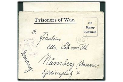 Ufrankeret fortrykt krigsfangekuvert med indhold dateret Southampton d. 6.10.1916 til Nürnberg, Tyskland. Britisk krigsfangecensur P.W. 135 og tysk censur fra Emmerich. Bagklap mgl.