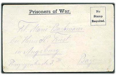 Ufrankeret fortrykt krigsfangefoldebrev dateret d. 25.4.1917 til Augsburg, Tyskland. Fra tysk krigsfange i Nell Lane Military Hospital, West Didsbury, Manchester. Åbnet af britisk krigsfangecensur P.W. 26.