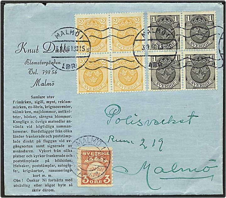 15 øre porto på lokalt brev fra Malmø, Sverige, d. 3.8.1946.