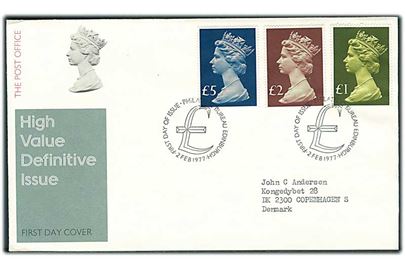 £1, £2 og £5 Elizabeth på illustreret FDC fra Edinburgh d. 2.2.1977 til København, Danmark.