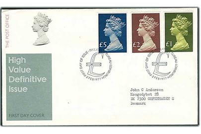 £1, £2 og £5 Elizabeth på illustreret FDC fra Edinburgh d. 2.2.1977 til København, Danmark.