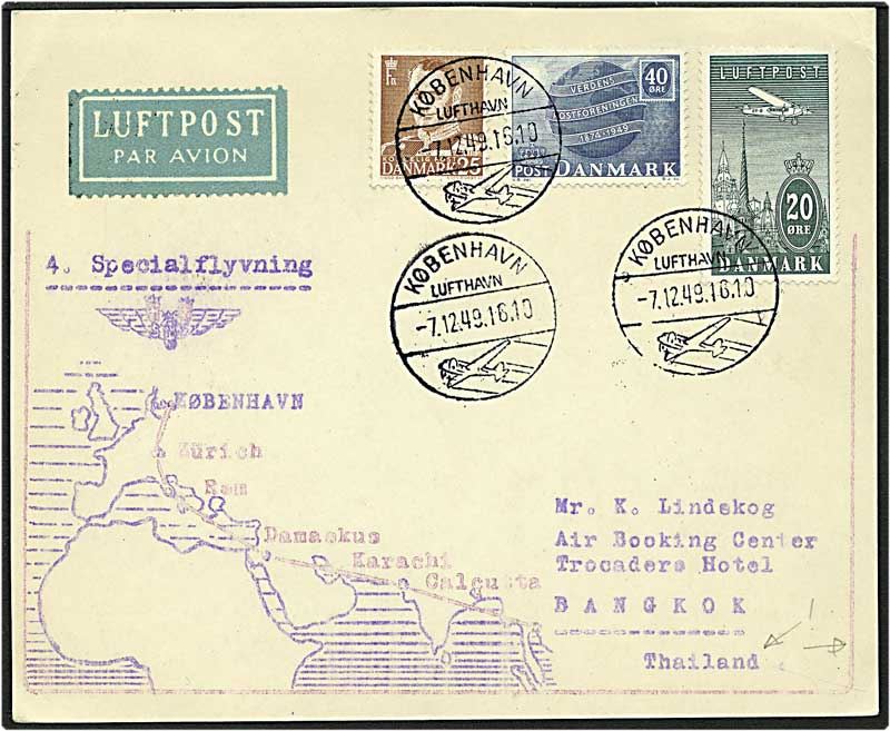 85 øre porto på luftpost brev fra København d 7 12 1949 til