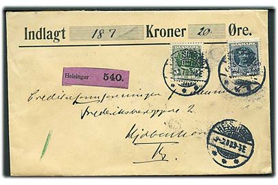 5 øre og 20 øre Fr. VIII på værdibrev fra Helsingør d. 2.2.1910 til Kjøbenhavn.