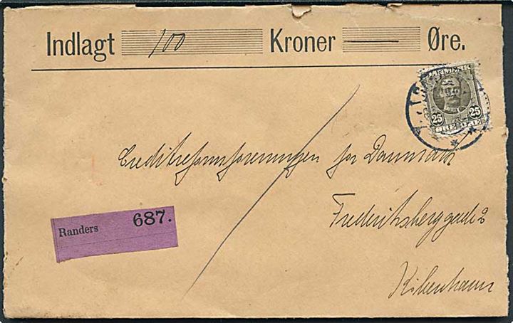 25 øre Fr. VIII single på værdibrev fra Randers d. 8.3.1910 til København. Åbnet 3 sider og flosset i kanten.