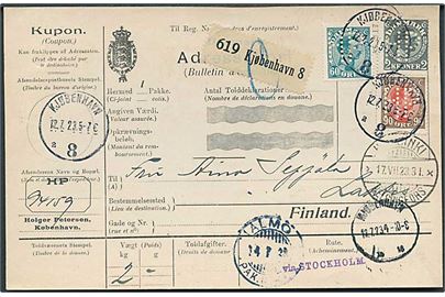 60 øre, 90 øre og 2 kr. Chr. X med perfin HP på internationalt adressekort fra firma Holger Petersen i Kjøbenhavn 8 d. 12.7.1923 via Malmö og Helsingfors til Lathi, Finland. Liniestempel: via Stockholm.