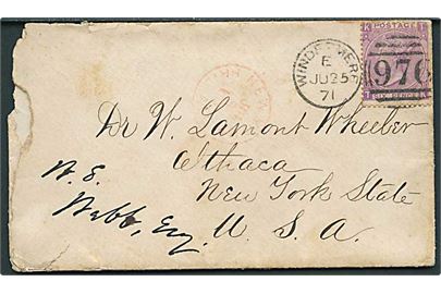 6d Victoria plate 8 på brev med duplex Windermere/970 d. 25.6.1871 via New York til Ithaca, USA.